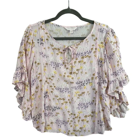 Lauren Conrad Floral Boho Blouse Med Pink Whimsical Bloomcore Short Sleeve Top - Picture 1 of 13